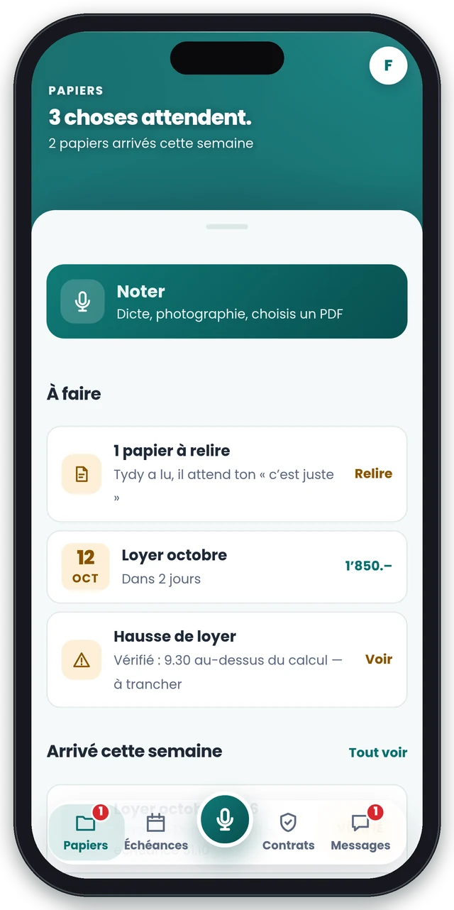 L’accueil de Tydy : trois choses attendent, le bouton Noter, un papier à relire